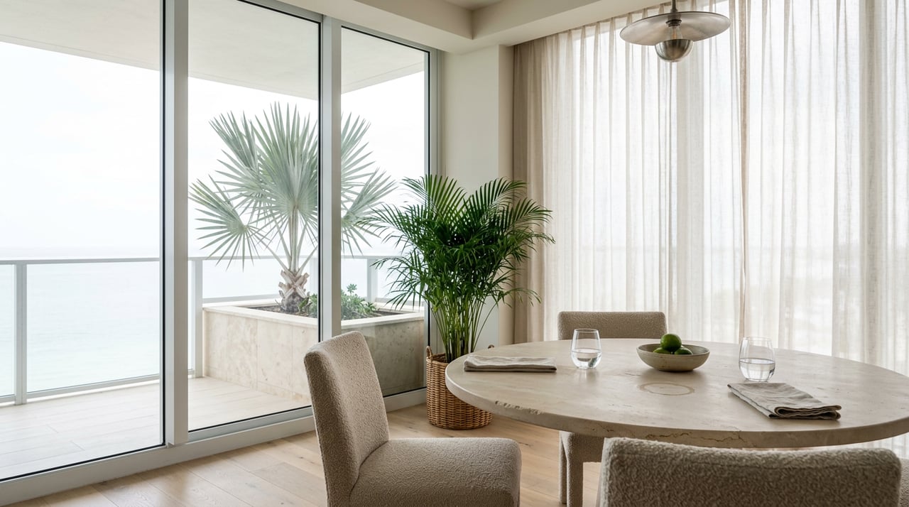Dining table set for two beside a glazed balcony, with a bowl of limes and palms overlooking the water.