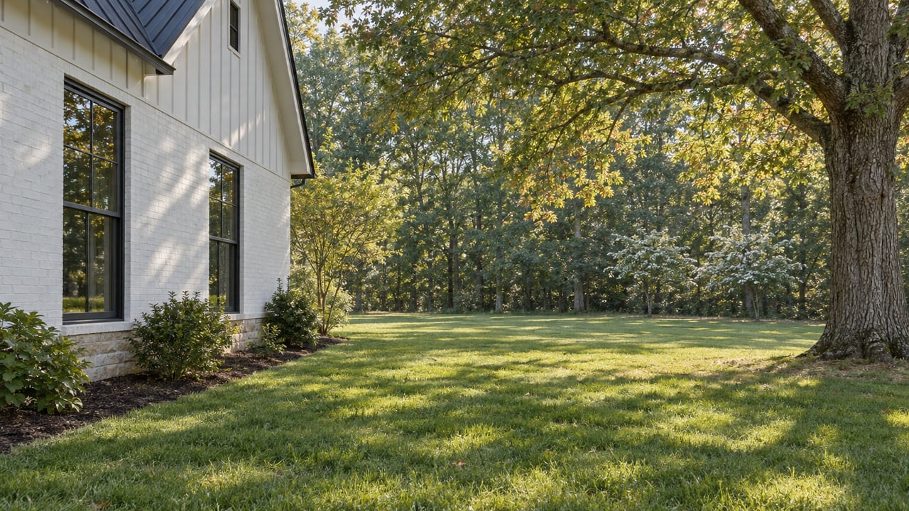A white-and-ivory home beside a broad lawn and mature oak beneath a leafy canopy.
