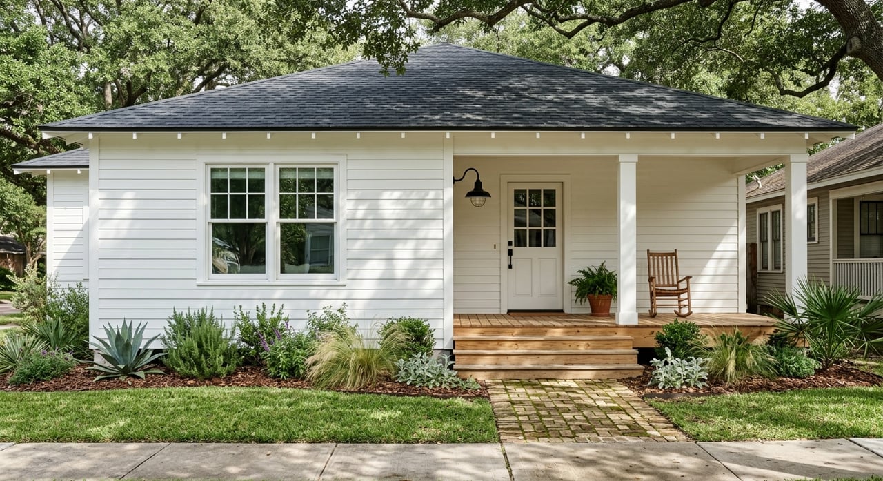 Warm-white bungalow porch beneath a mature oak canopy, with a brick walkway and landscaped lawn.