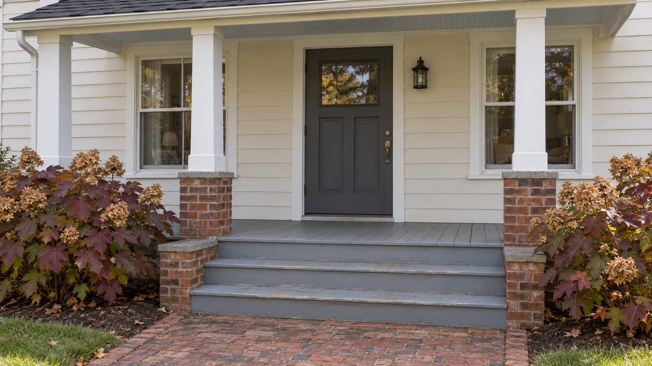 Cream clapboard cottage porch with a charcoal door, paired sash windows, worn gray steps, brick borders, and burgundy oakleaf hydrangeas.