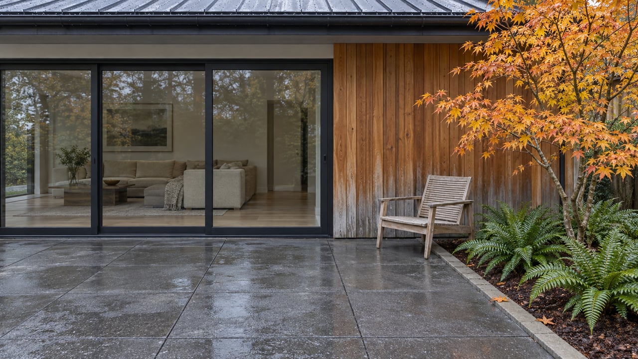 Rain-darkened terrace outside a cedar-clad home with closed black-framed glass doors, an autumn vine maple and sword ferns.