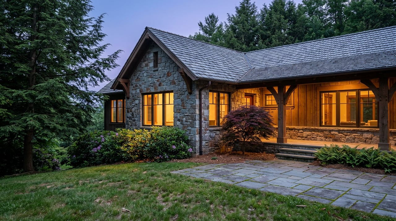 Stone-and-timber mountain home with a warmly lit porch, bluestone motor court, and evergreen trees at dusk.