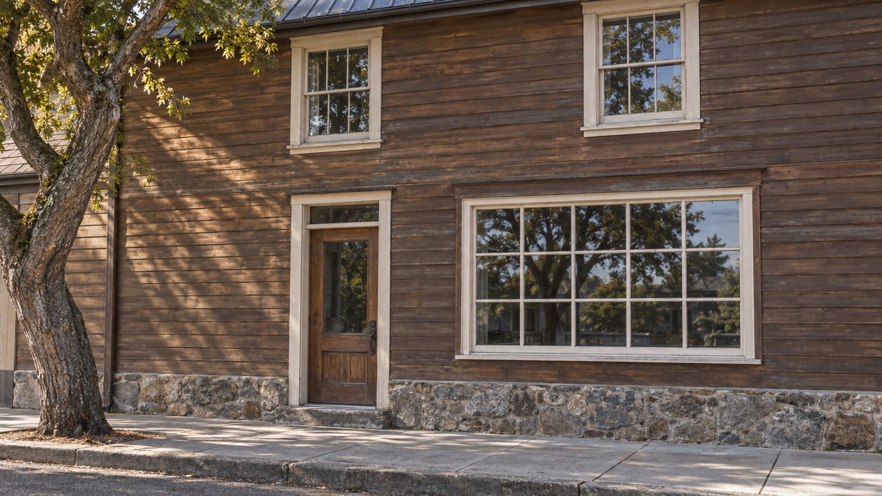 Two-story timber-clad building with sash windows, glazed entry, stone base, and a sidewalk tree.
