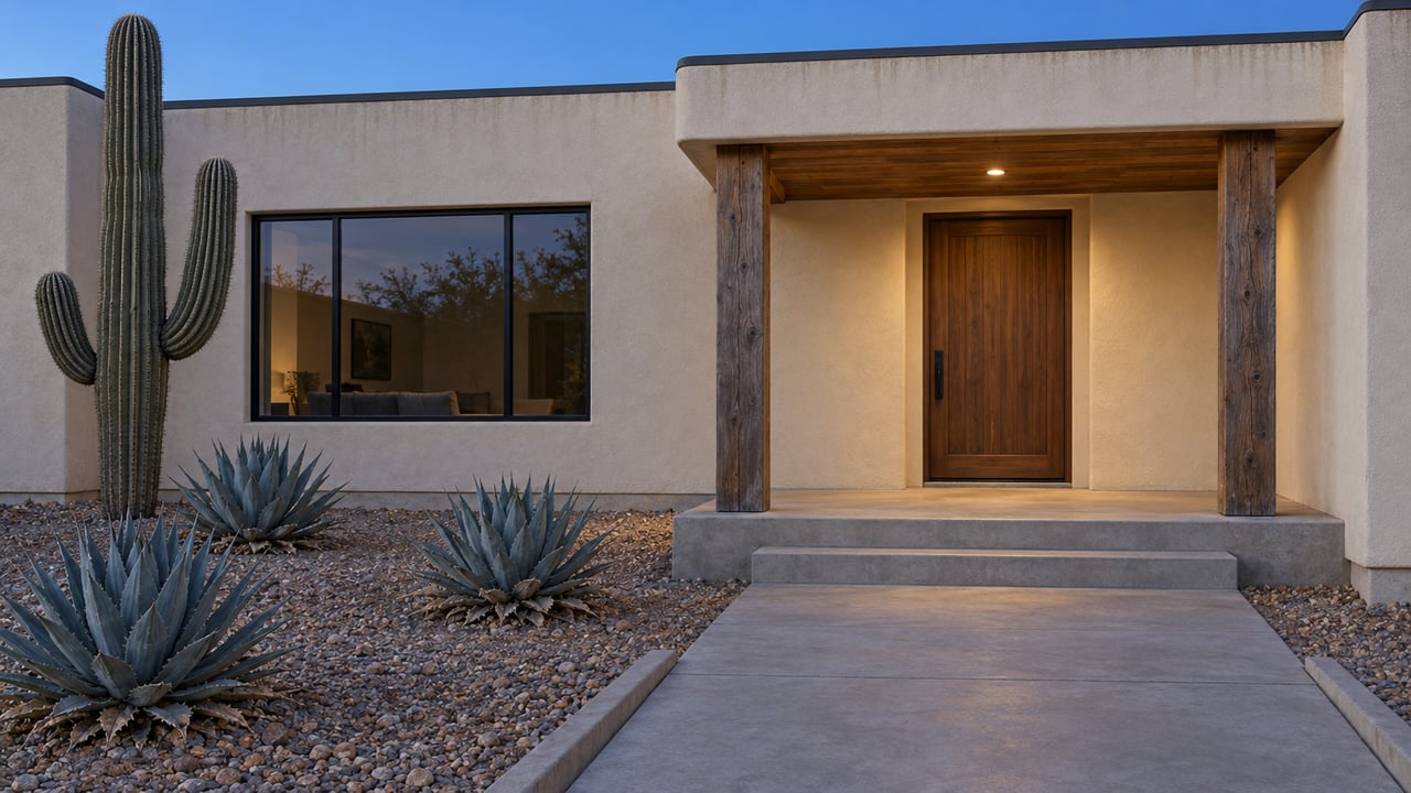 Cream stucco home at blue hour with a timber porch, closed wood door, dark-framed window, saguaro and three agaves beside a concrete approach.