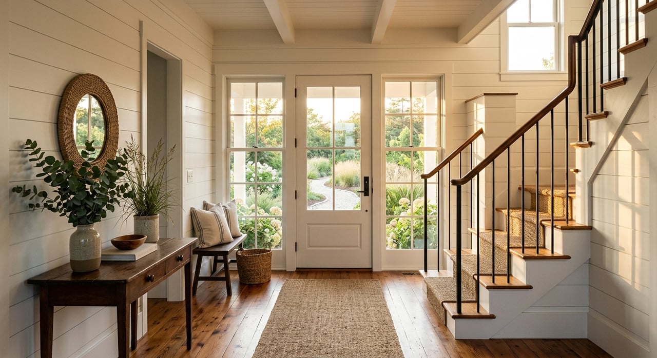Coastal entry hall with a sisal runner, shiplap walls, oak staircase, and console topped with a porcelain jar.