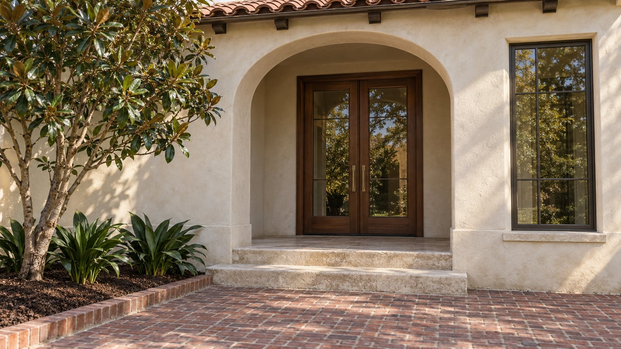 Ivory stucco home with a clay-tile eave, arched porch, walnut-framed glass doors and a brick approach beside a magnolia.