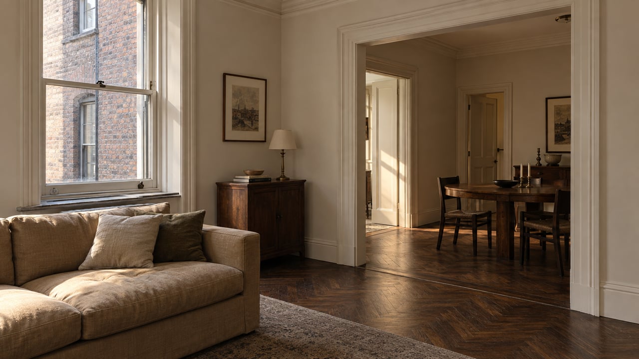 Prewar apartment parlor with camel sofa beside a tall window, opening onto a dining room with a round walnut table.