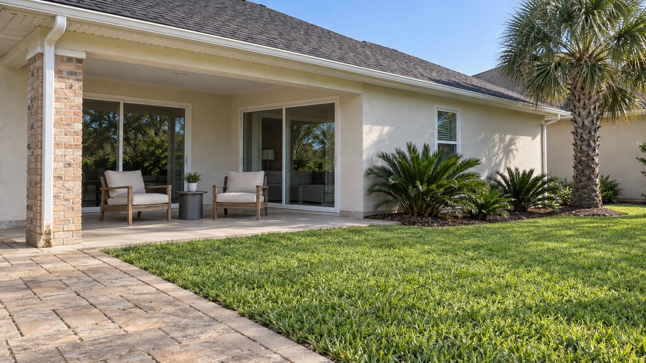 A cream-stucco home's covered brick-pier terrace opens onto a broad lawn, with teak chairs, sand-colored pavers, and a mature curved palm.
