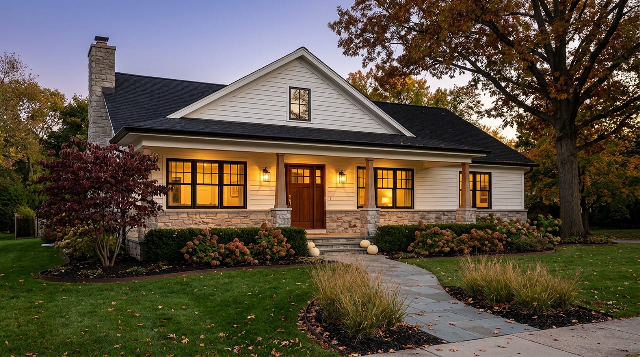 Traditional fieldstone house with a glowing porch, curving bluestone path, and autumn leaves at dusk.