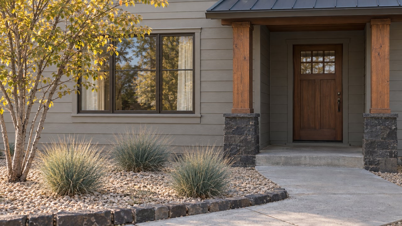 Warm-gray wood-sided home with recessed walnut door, divided-light window, basalt posts, and a rock planting bed.