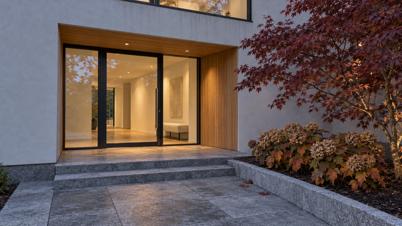 Contemporary stucco home entrance at blue hour, with warm light behind glass, granite steps and burgundy autumn maple leaves.