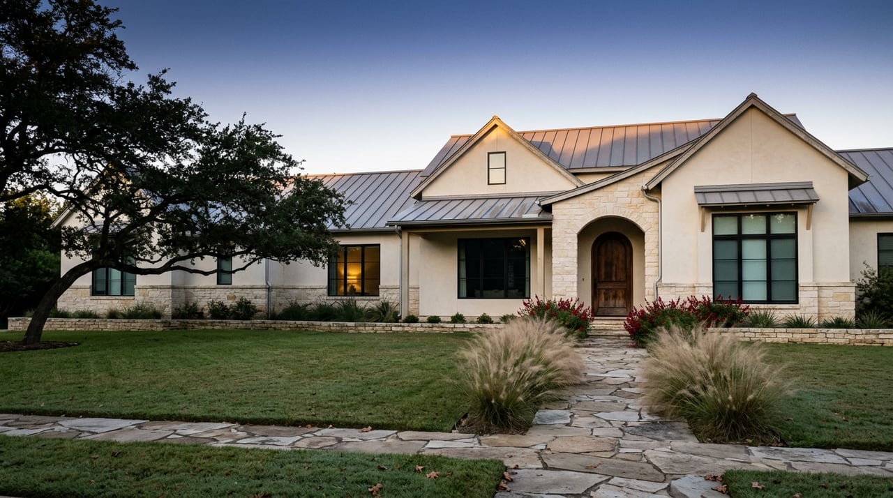 Cream stucco house with a complex gabled roof, arched limestone entry, broad lawn, and oak tree at dawn.