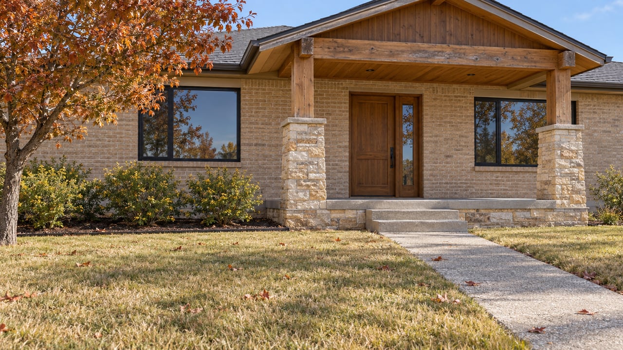 Autumn sunlight on a single-story brick home with a timber porch, sandstone piers and a deep tawny front lawn.