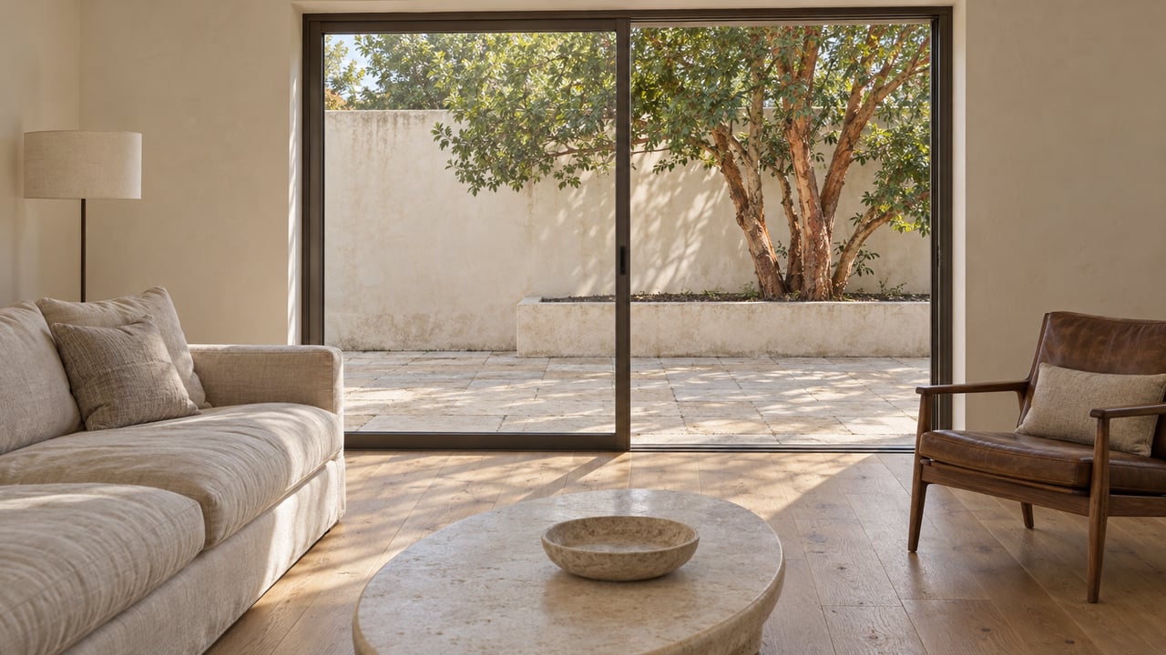 Light-filled sitting room with an oatmeal linen sofa, walnut chair, oak flooring and limestone table beside closed glass doors overlooking a stone terrace.