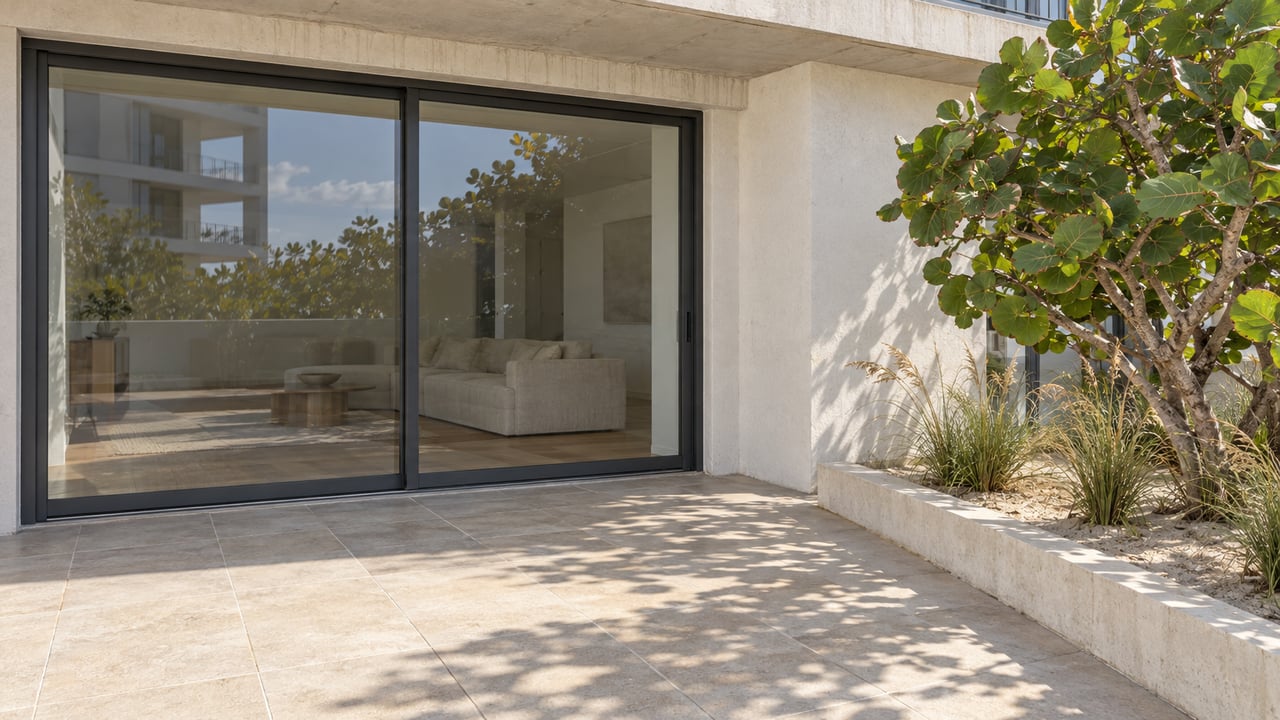 Sunlit contemporary apartment terrace with warm-white stucco, charcoal-framed glass doors and sea-grape planting beside pale tiled paving.