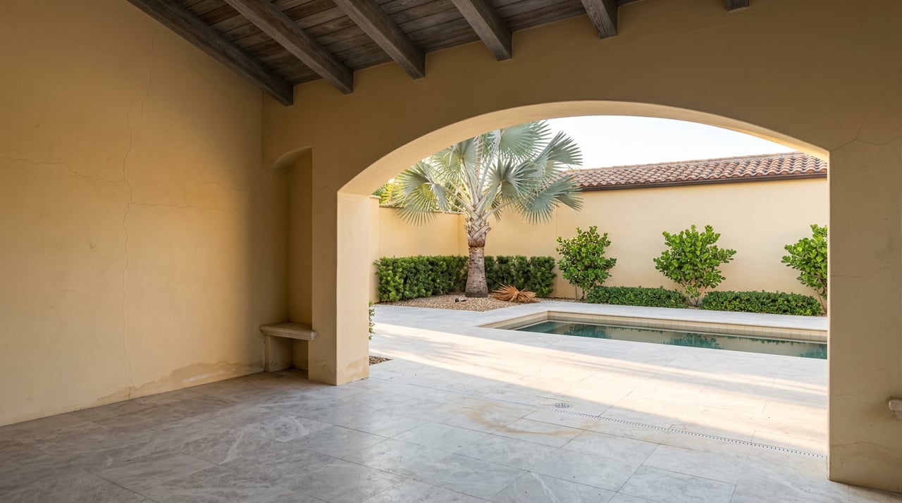 Stucco arch framing a sunlit courtyard with a lap pool, silvery-blue palm, and tiled garden wall.