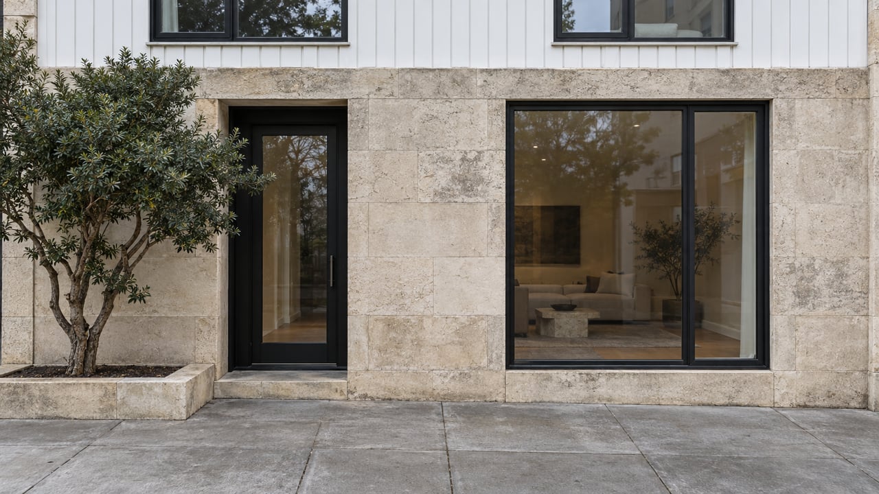 Narrow limestone home with white upper siding, black-framed windows, and a pruned tree in a raised planter.