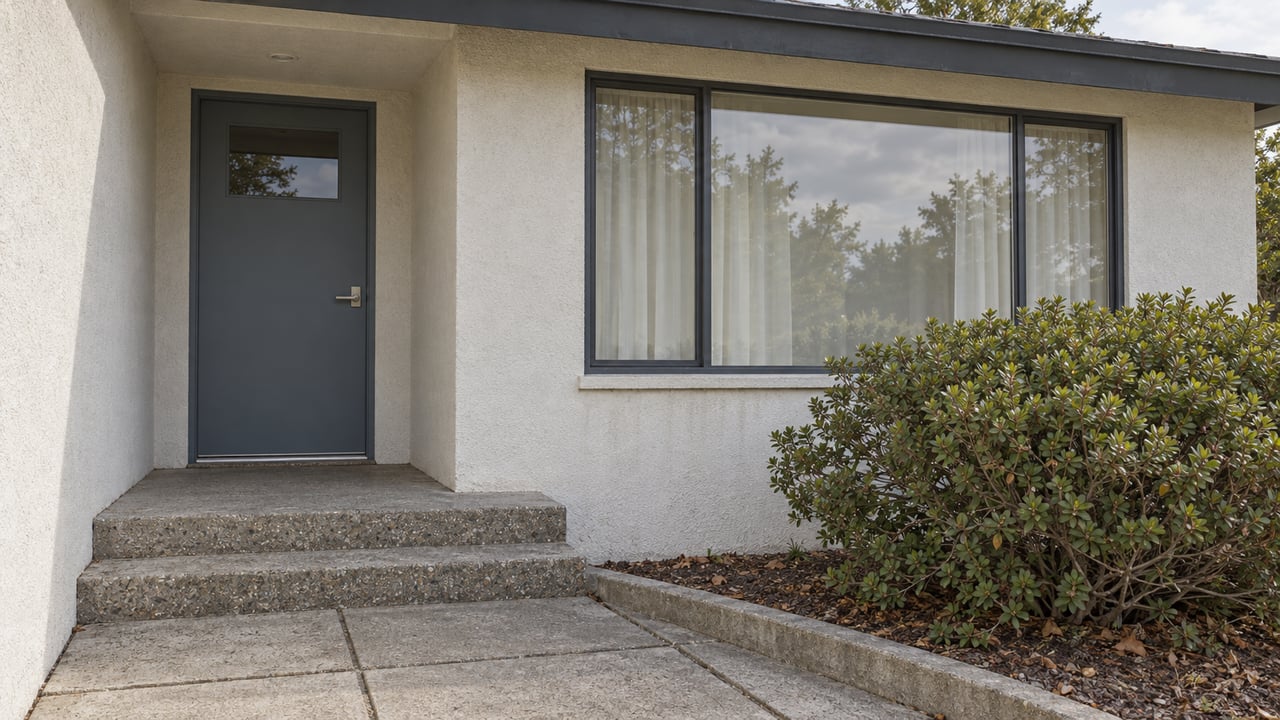 An off-white stucco home's gray-blue entry door and broad window above weathered concrete steps, with a mature manzanita beside the approach.