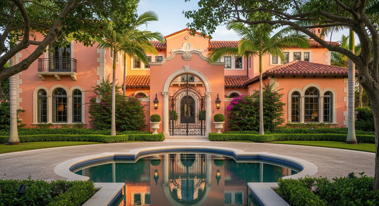 Coral stucco villa with a wrought-iron arched entrance, palm trees, and a reflecting pool in front.
