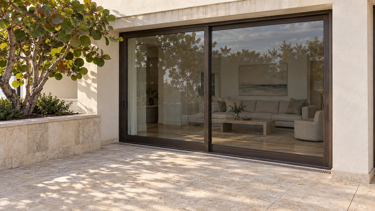 Sunlit limestone terrace beside cream stucco and bronze-framed glass doors, with a sculptural sea grape tree in a raised stone planter.