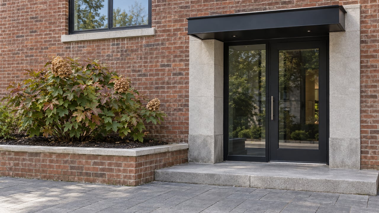 Brick condominium entrance with black-framed glazing, limestone trim, a paved approach and a contained oakleaf hydrangea bed.