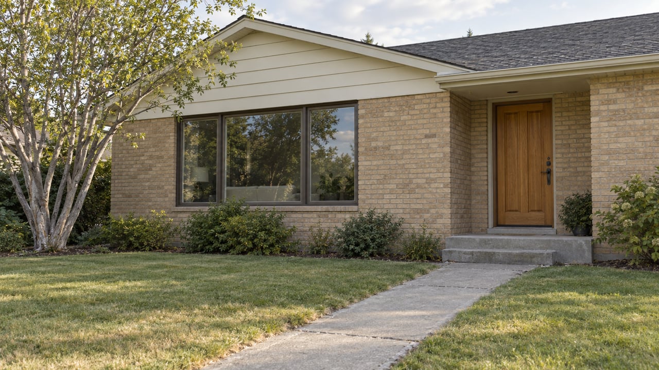 Brick ranch house with a recessed wooden door, broad front window, and concrete walk through the lawn.