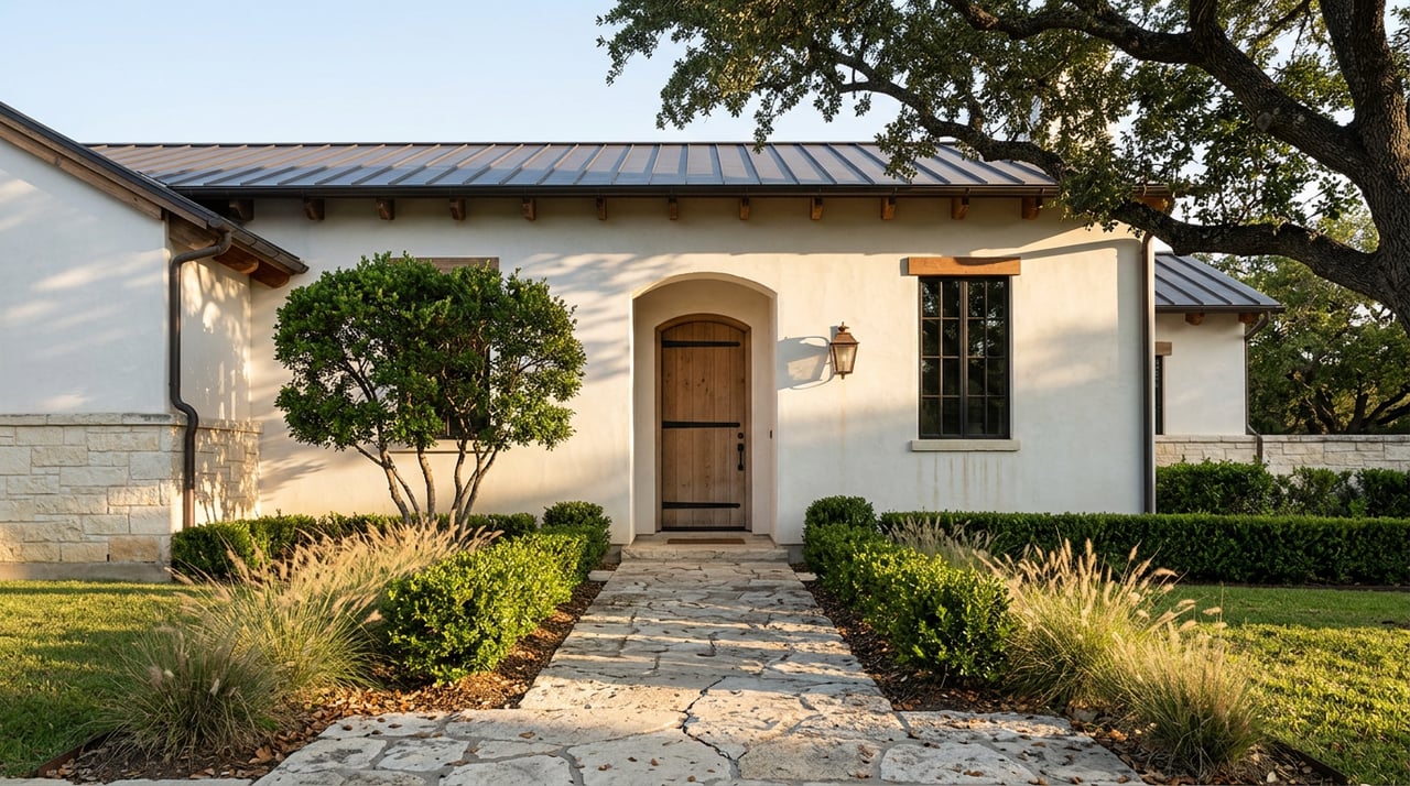 Hill Country estate facade with an arched oak entry, limestone path, clipped hedges, and a live oak casting long shadows.