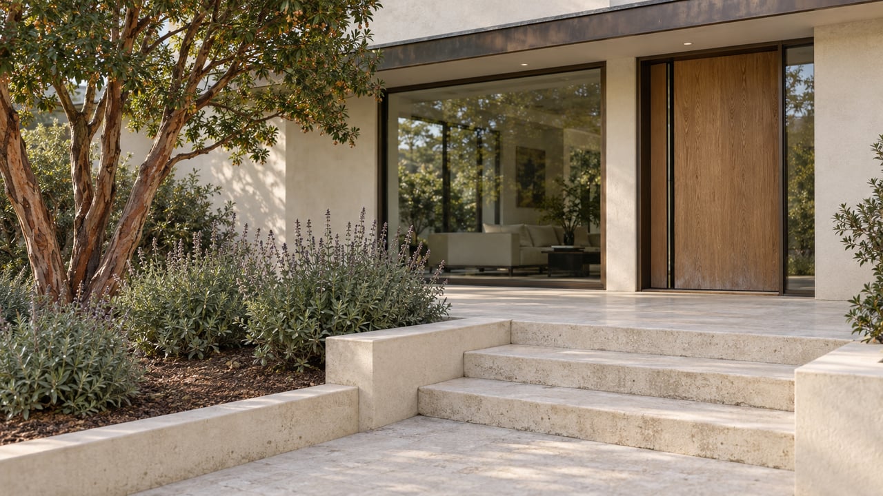 Cream stucco home with a bronze-framed oak entry, limestone garden steps and a sculptural strawberry tree.