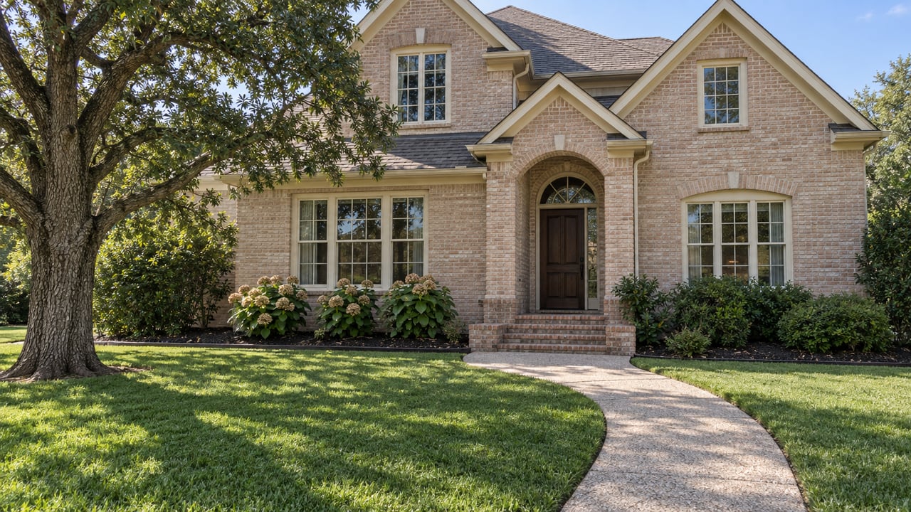 Two-story warm brick home with gabled roofs, a recessed arched entry, deep front lawn, and a mature live oak.