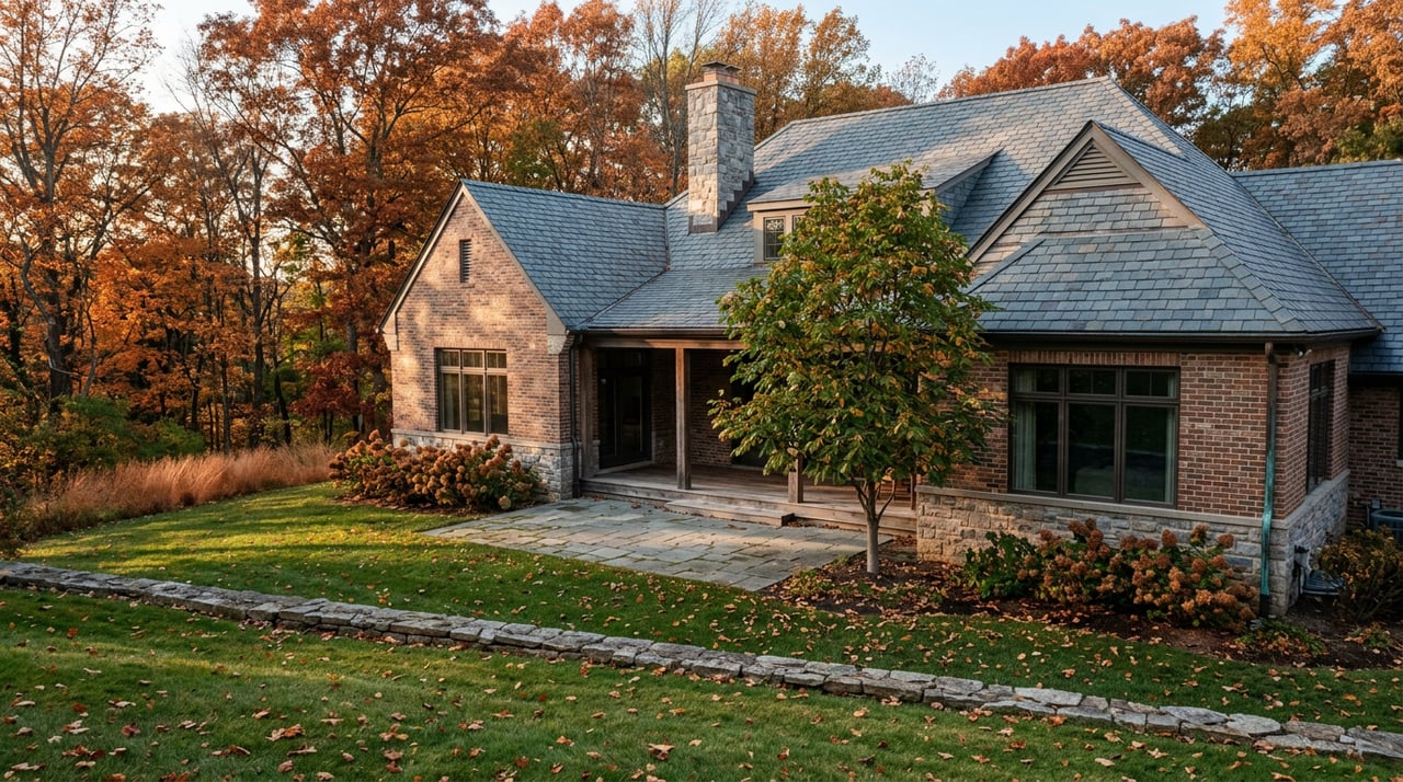 Brick-and-stone home with covered patio overlooks a sloping lawn and fall-colored woodland.