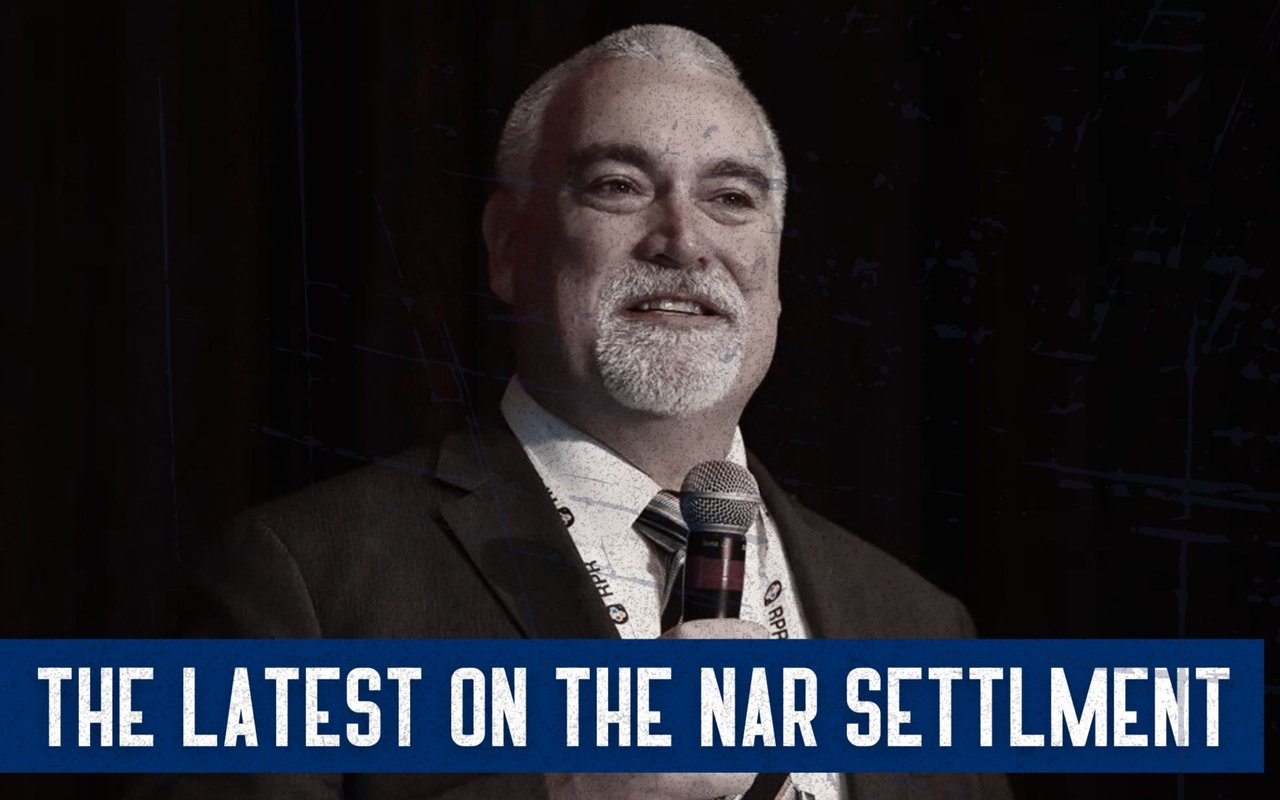 Graphic with a man holding a microphone and the headline “The Latest on the NAR Settlement.”