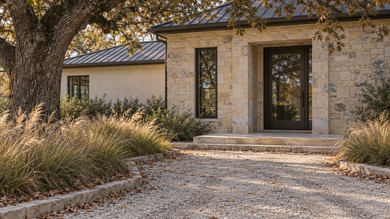 Limestone estate entrance with a dark bronze door, gravel approach, and tawny oak leaves.