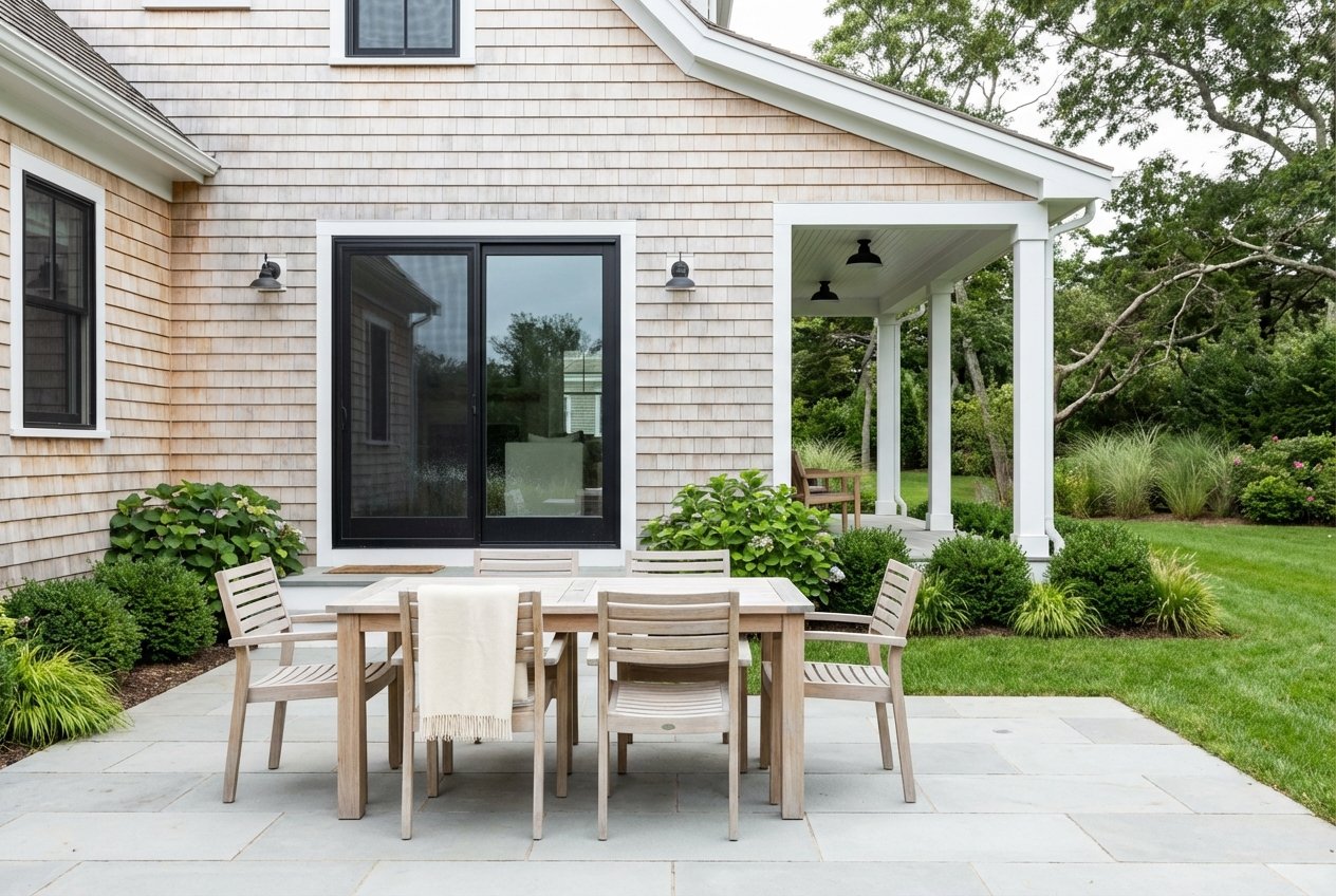Bluestone patio with teak dining furniture, hydrangeas and holly beside a shingle-style home.