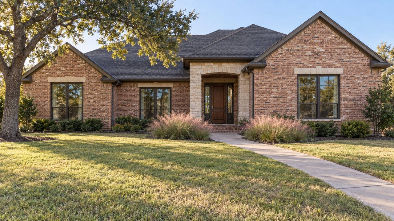 Brick suburban house with a deep lawn, diagonal concrete walk, and mature tree shading one side.