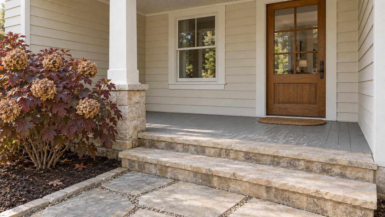 Ivory-sided cottage porch with an oak glazed door, limestone steps and burgundy oakleaf hydrangea.