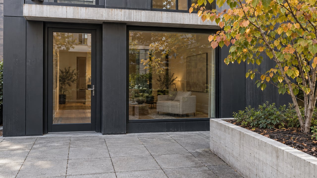 Dark metal condominium facade and closed glass door facing a paved courtyard with a redbud in a raised concrete planter.