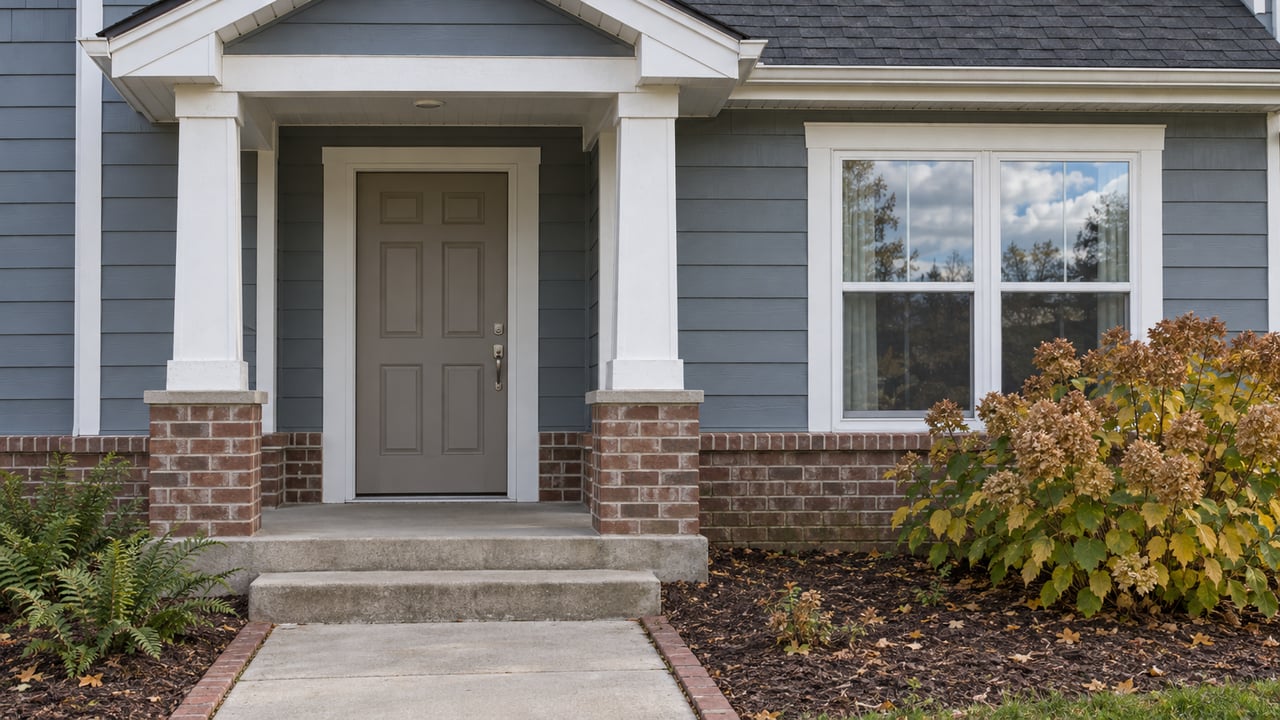 Autumn daylight on a gray-blue home's covered entry, white columns, brick base and hydrangea beside the front window.