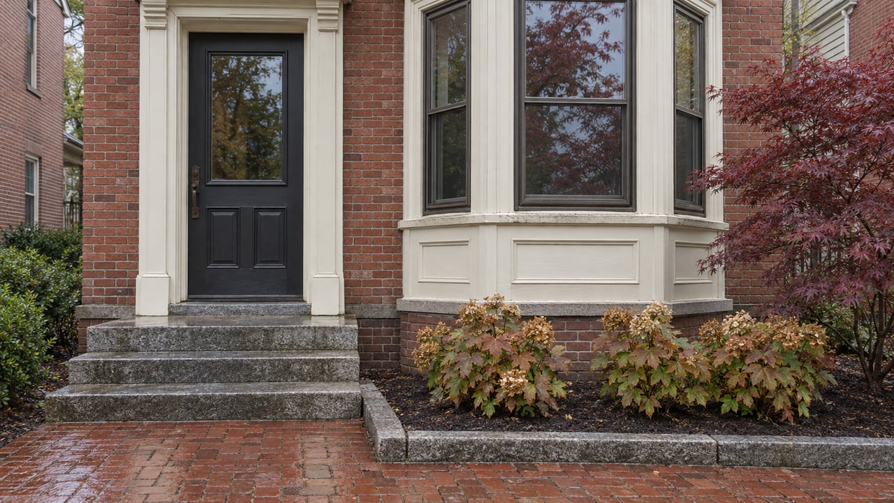 Rain-darkened granite steps lead to a closed wood door beside an ivory-trimmed bay window, red brick walls and autumn hydrangeas.
