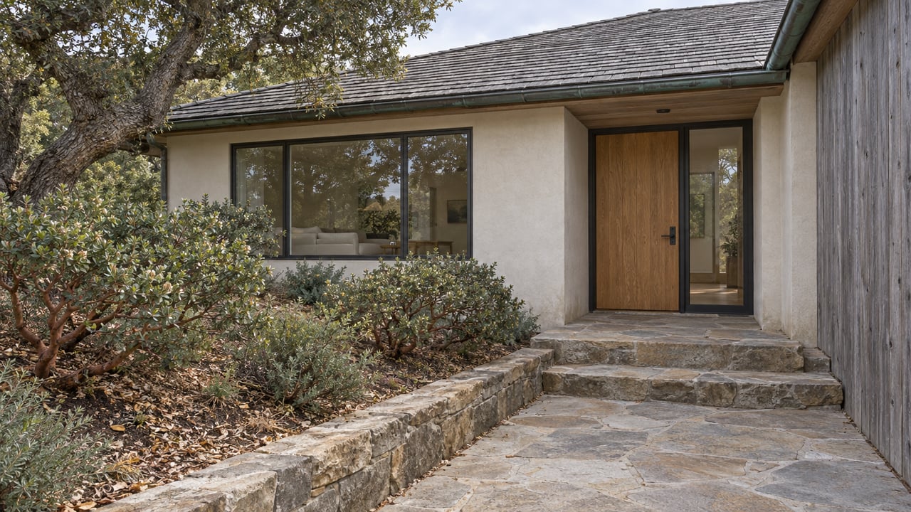 A low-roofed home with weathered cedar, pale stucco, an oak entry door and sandstone steps beside sculptural native planting.