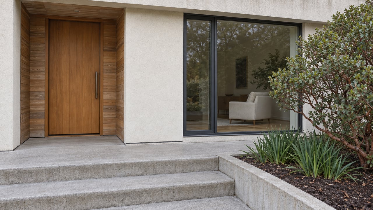 Weathered cedar entry and dark-framed window of a light-stucco home, with concrete steps and a small planted bed in soft coastal daylight.