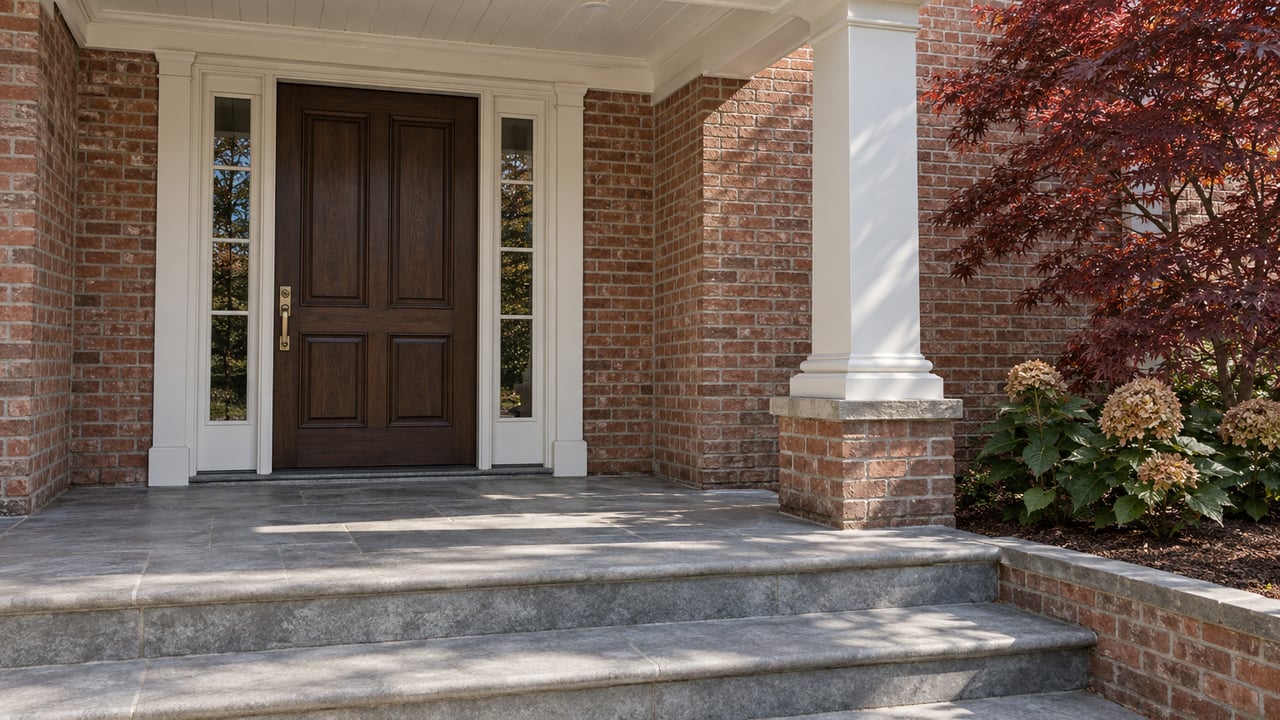 Red-brick home entrance with a white portico, dark oak door, limestone steps and burgundy Japanese maple.