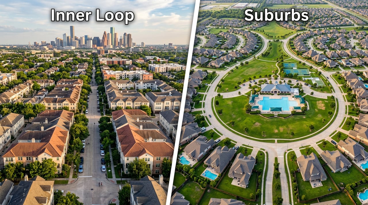 Split aerial view: Inner Loop Houston urban streets with skyline vs. Suburbs master-planned community with pool Houston inner loop vs suburbs