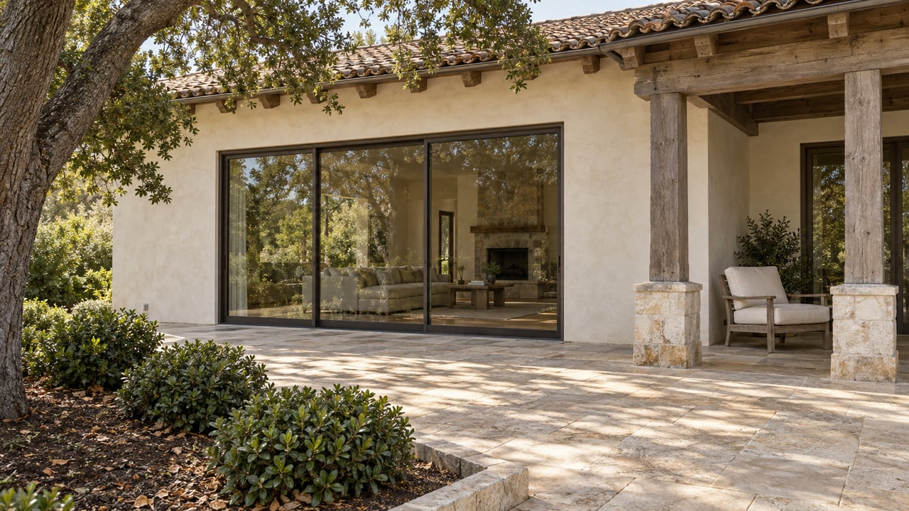 Pale stucco home with a clay tile roof, timber-covered limestone terrace, and a mature oak beside a planted garden border.