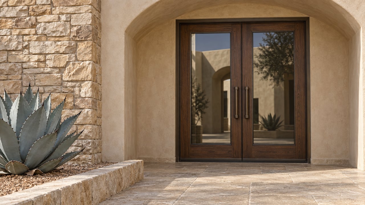 Sunlit stucco arch surrounding paired timber and glass entry doors, with warm stone paving and a blue-gray agave in a raised gravel bed.