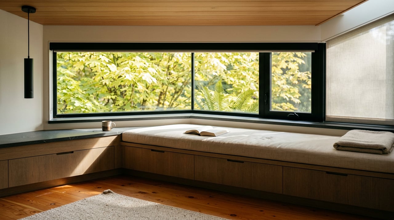 Oak window seat with a linen cushion, open book, coffee mug, and leafy canopy beyond the black-framed window.
