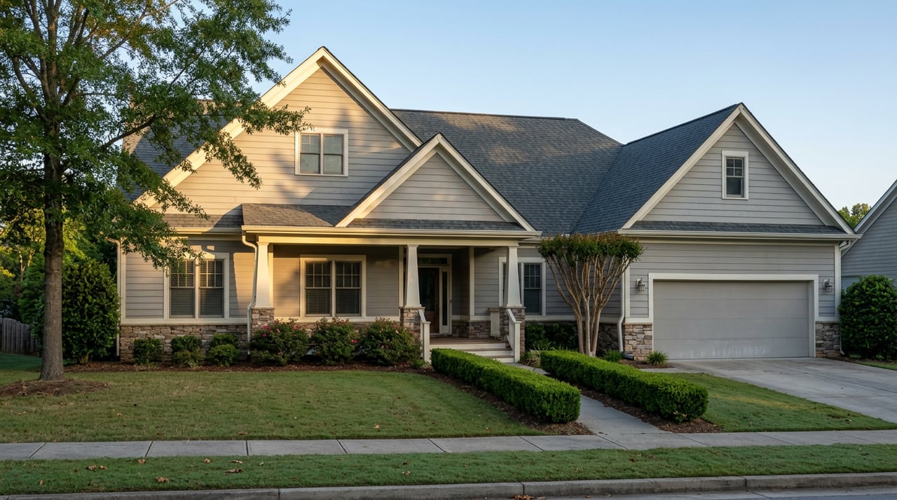 Gray, multi-gabled home with stone porch piers, lawn, and oak canopy over the roof.