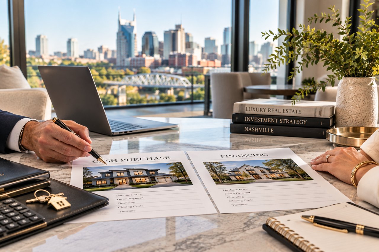 Luxury home buyers comparing cash and financing options for a Nashville real estate purchase, illustrating how high-end buyers are structuring luxury home deals in 2026.