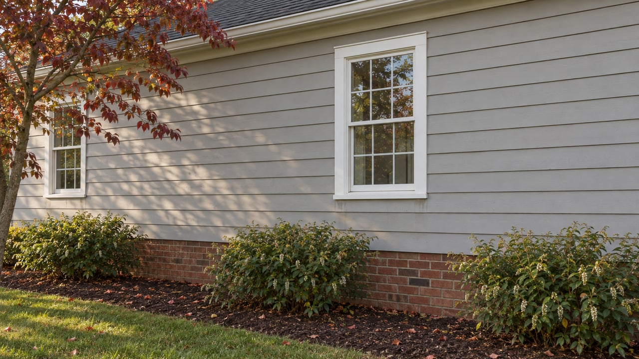 Warm-gray clapboard house side with two six-over-six windows, brick foundation, and burgundy-leaved dogwood branches.