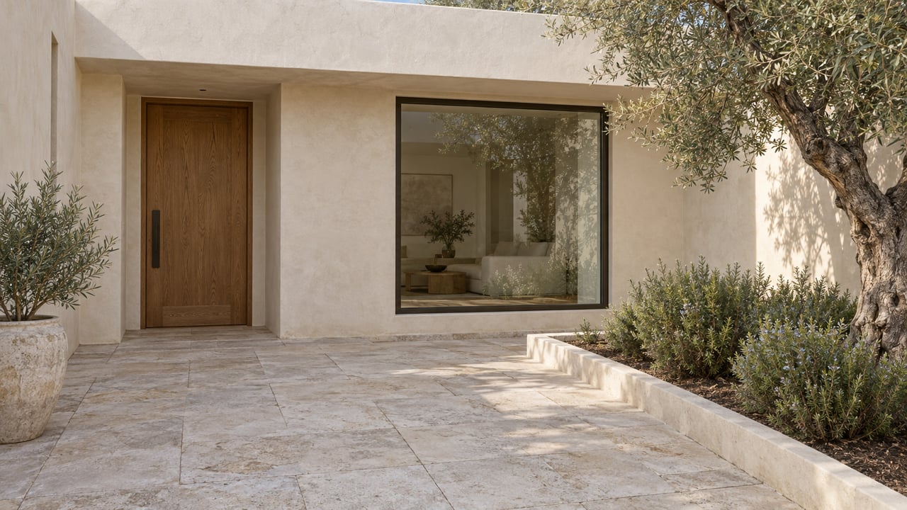 Stucco courtyard facade with an oak door, broad glass window, olive tree, and pale stone paving.