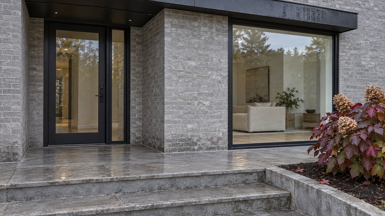 Gray brick home entrance beneath a black canopy, beside a broad living-room window, limestone steps and burgundy oakleaf hydrangea.